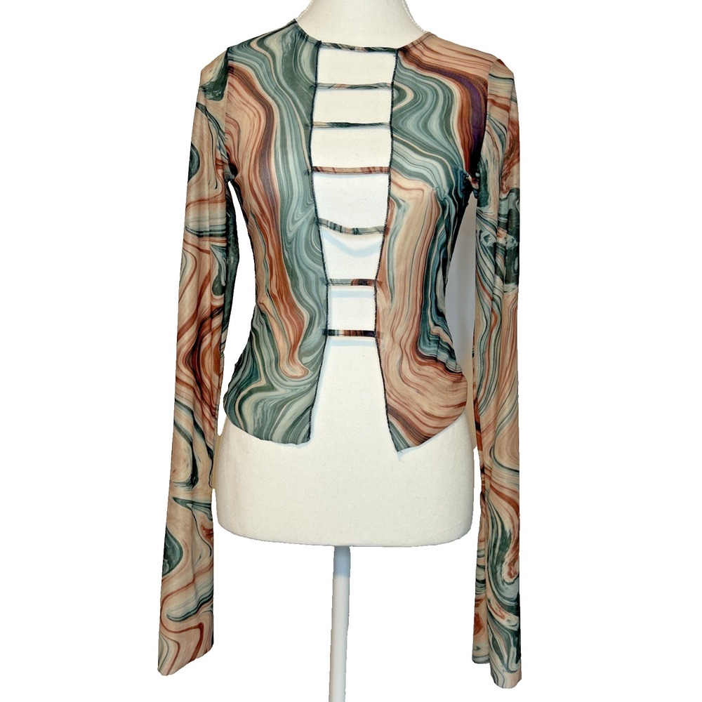 Abstract‎ Swirl Women's Sheer Top S Mesh Stretch Long Sleeve Rave Festival Party